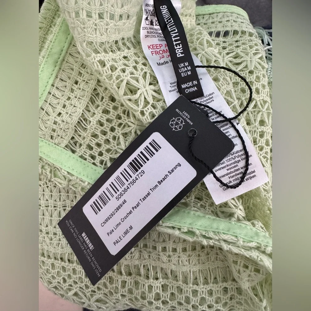 Pretty Little Thing PALE LIME CROCHET PEARL TASSEL TRIM BEACH SARONG - Picture 6 of 9